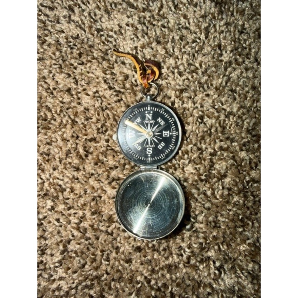 Vintage Japan Pocket Compass Silver Tone Metal Hunter Case Leather Cord Hiking